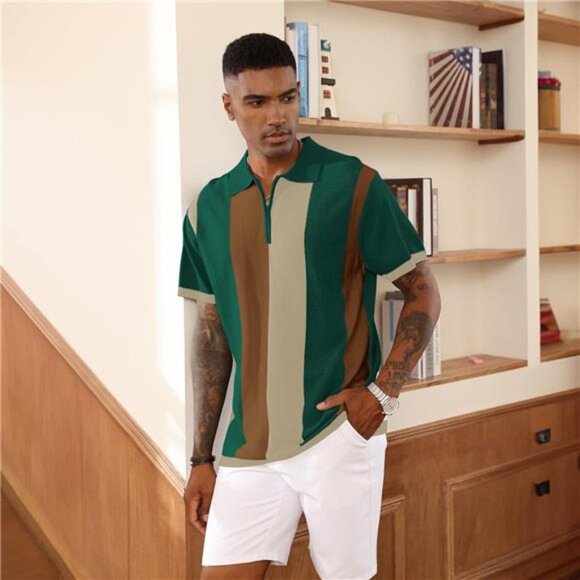 Men's Fashion Polo Shirts Vintage Striped Green - Picture 3 of 6